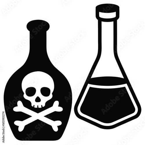 Black skull and crossbones poison bottle next to flask with dark liquid danger hazardous