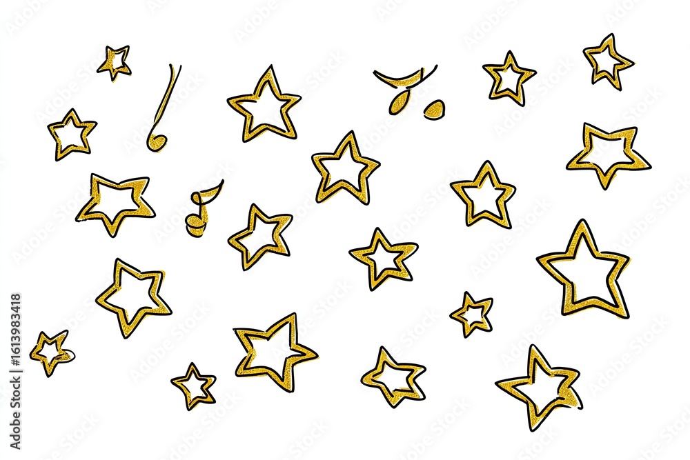 Fototapeta premium Scattered gold stars and musical notes on white