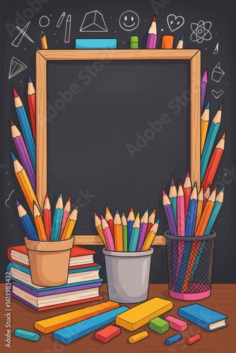 Colorful illustration of school supplies and pencils in front of chalkboard