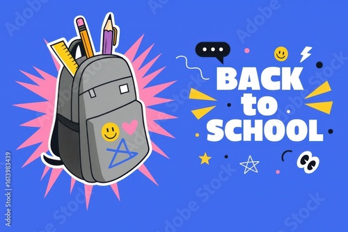 Modern school backpack illustration with back to school message