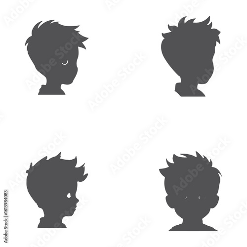Four young boy silhouettes with different hair styles, boy head side views