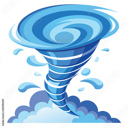 Powerful swirling tornado dominates the frame in silhouette style on white background