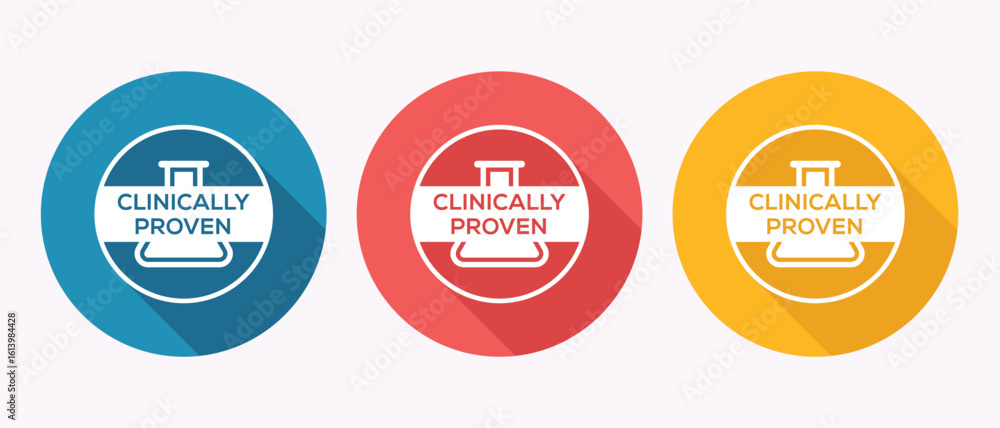 Fototapeta premium Clinically Proven Badges in Varied Colors for Medical Marketing Assertions and Healthcare Product Validation Graphics