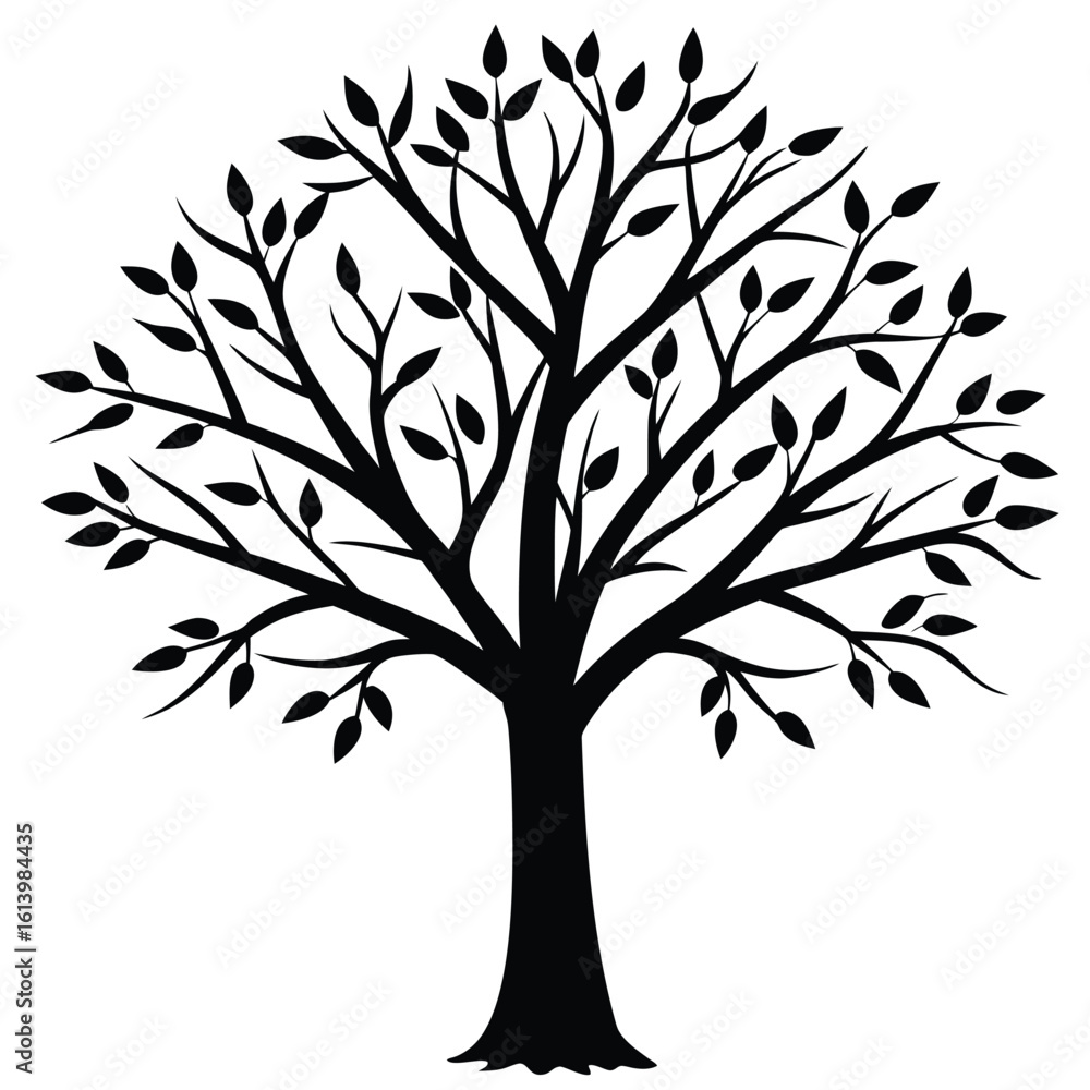 Obraz premium Black tree silhouette with detailed branches and leaves vector