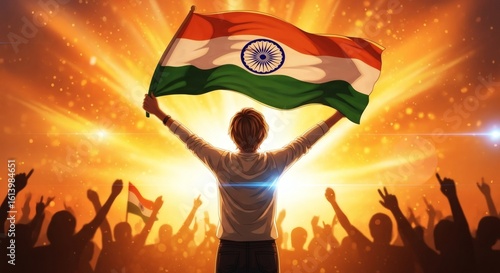 A patriotic person raises the Indian flag high above a cheering crowd against a glowing, celebratory background.