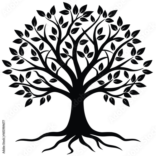 Black tree silhouette with spreading branches and roots white