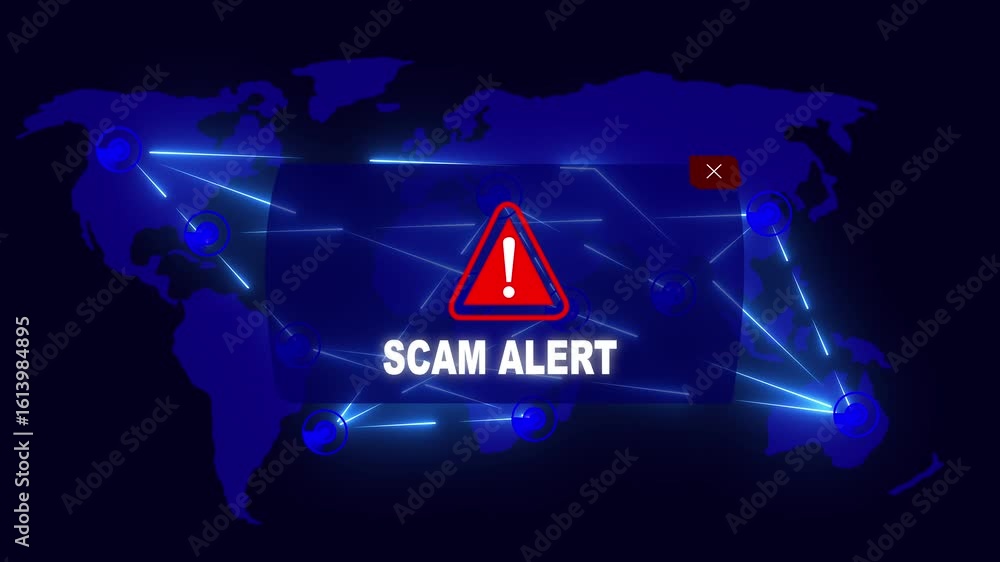Scam Alert Warning Message Attack on World map. Wire frame Radar ...