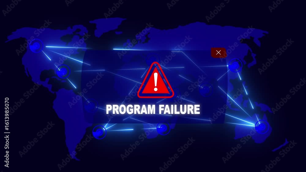 Program Failure Alert Warning Message Attack on World map. Wire frame ...