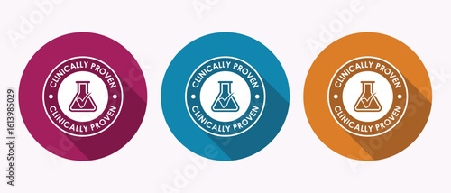 Clinically Proven Badges in Various Colors Representing Scientific Validation and Research Backing for Health Beauty or Pharmaceutical Products