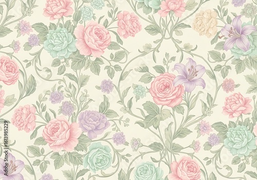 Wallpaper Mural Elegant Floral Repeat Pattern featuring Pastel Roses Lilies and Foliage Artwork Torontodigital.ca