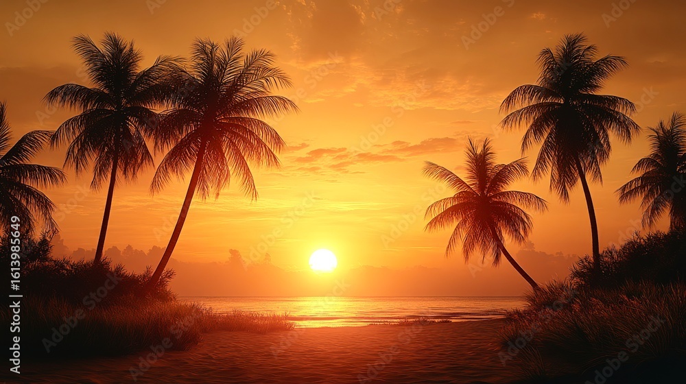 Golden tropical sunset with palm silhouettes and warm tones Golden tropical sunset with palm silhouettes and warm tones