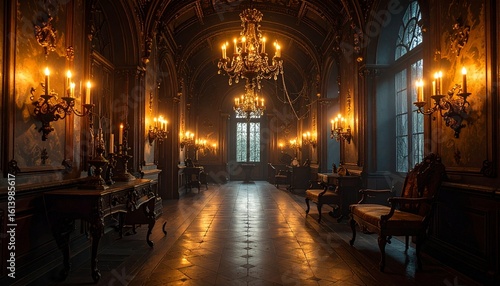 Creepy old haunted mansion interior with ornate antique mirrors and chandelier, eerie glowing light and cobwebs