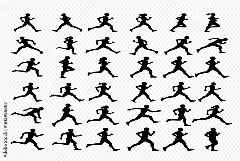 Naklejka premium Collection of diverse running silhouettes, depicting various running styles and poses.
