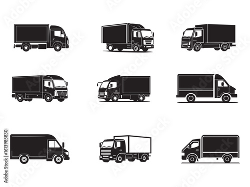 Black and white icons depicting various delivery trucks and transportation vehicles for logistics