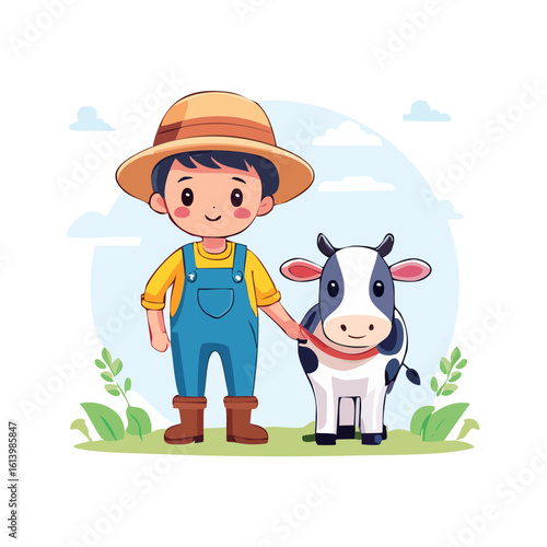 Cute Cartoon Farmer and Cow Isolated on a Transparent Background