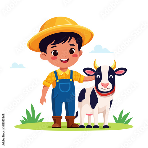 Cute Cartoon Farmer and Cow Isolated on a Transparent Background