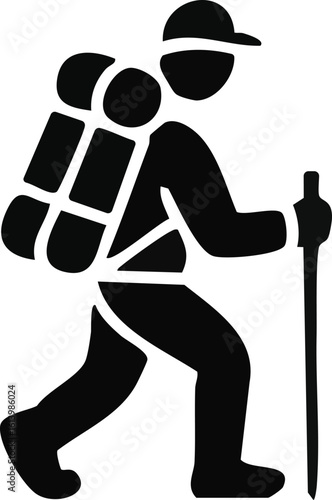 Black silhouette of a hiker with backpack and trekking pole