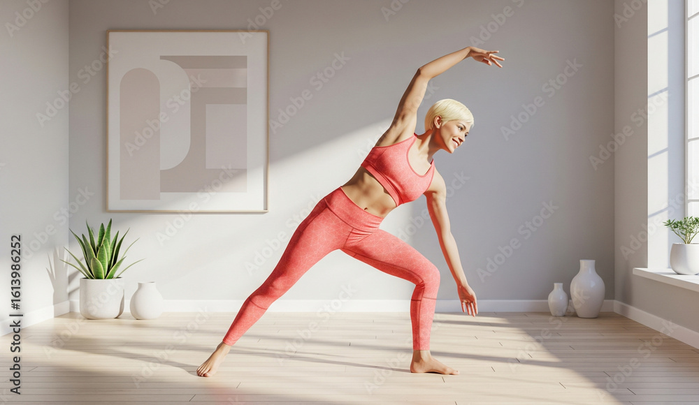Obraz premium One Young Woman Practicing a Random Yoga Pose in Bright Minimalist Interior – Natural Light, Stylish Activewear, Wellness and Flexibility Concept