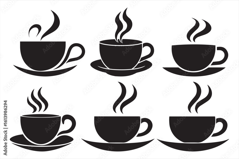 Obraz premium Six black coffee cups with steam on saucers icons on white