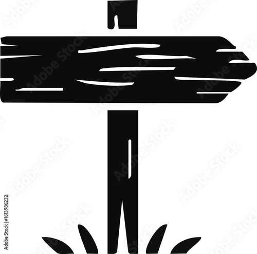 Black silhouette of a wooden signpost pointing right with grass at the base