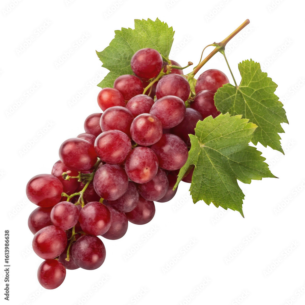 Fototapeta premium Fresh red grapes with leaves isolated on transparent background