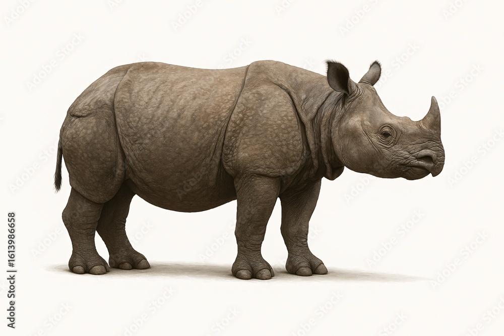 Fototapeta premium Javan Rhino Standing – Critically Endangered Rhinoceros on White Background