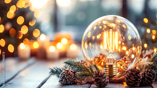 A warm, glowing light bulb nestled in a glass sphere, surrounded by Christmas decorations.  Soft, golden light illuminates candles and festive details
