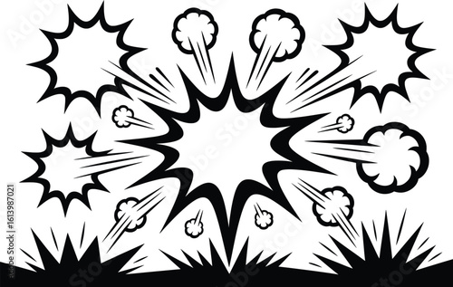 Comic Explosion Line Art Set, Cartoon Blast Pop Boom Vector Elements.