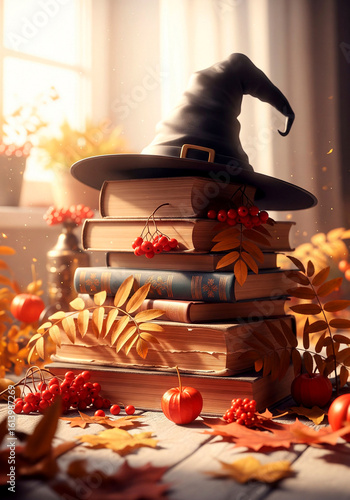 Mystical witch hat placed atop vintage books with autumn decor and candle glow. Halloween promotions.