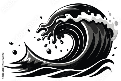 Dynamic Stylized Crashing Wave Silhouette on white background