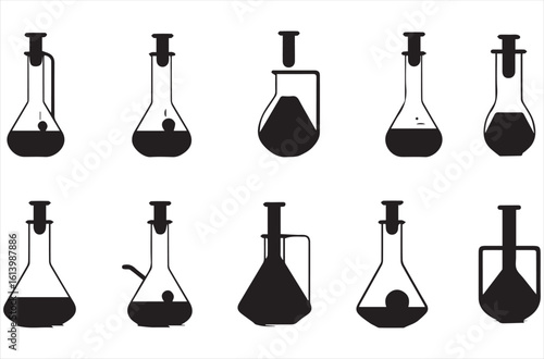 Ten black and white chemical laboratory flask icons set on white background