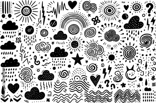Сollection of various black doodle elements, manga-style illustration pictogram icon set. EPS version.