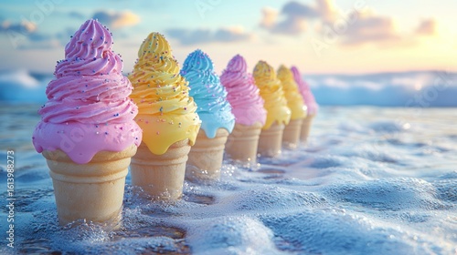 Sweet Summer Dream: Colorful Ice Cream Cones by the Ocean
