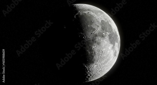 Half-moon's illuminated surface, craters, and dark side visible against the black backdrop of space
