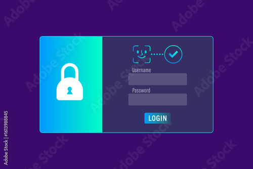 Facial recognition security login, virtual password interface and face scan icon