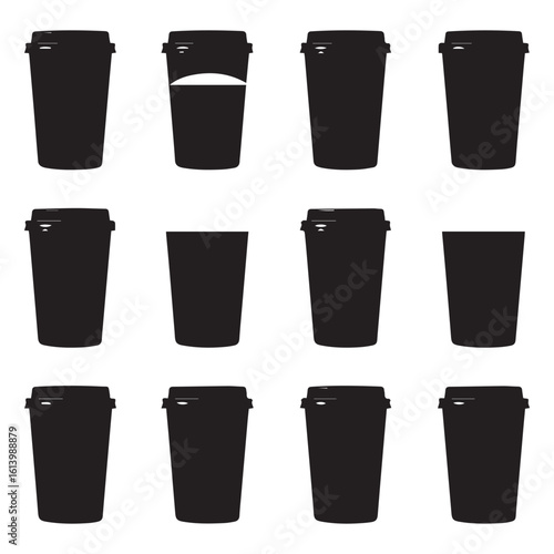 Black silhouette of coffee cups and tumblers on a white background