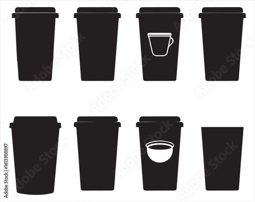 Black disposable coffee cups icons illustrating hot drinks, tea and cappuccino on white