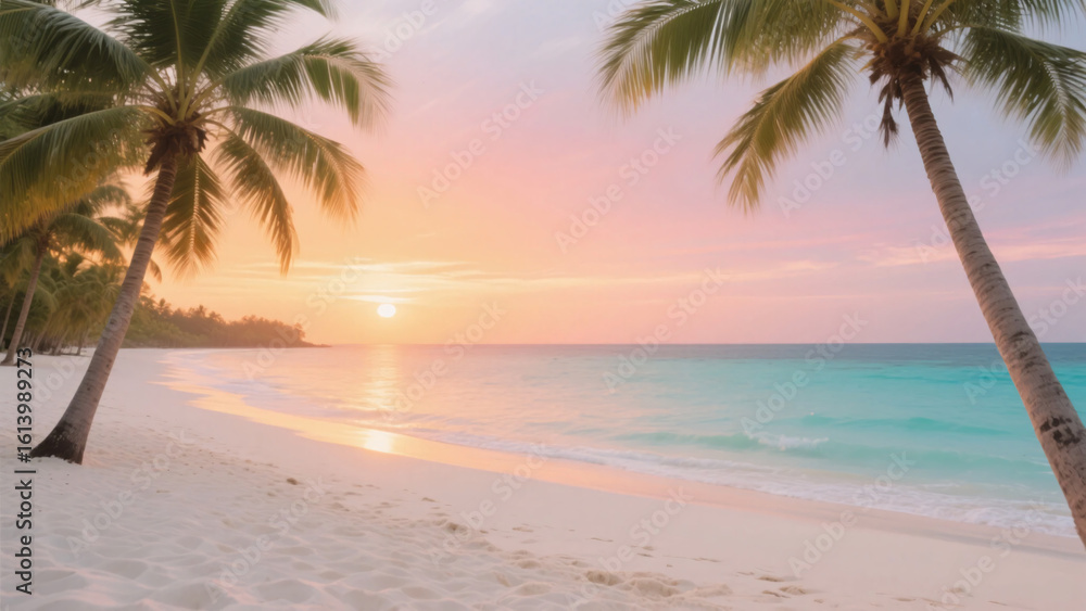 Fototapeta premium Coconut palm trees silhouetted against soft pastel sunrise over turquoise ocean waters and pristine white sands on a tropical isle.