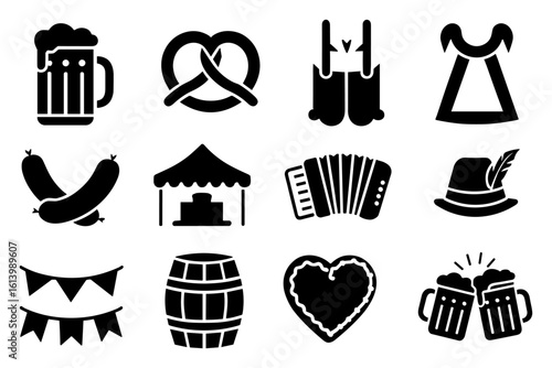 Silhouette Oktoberfest icons beer, lederhosen, pretzel, sausages, tent, accordion vector