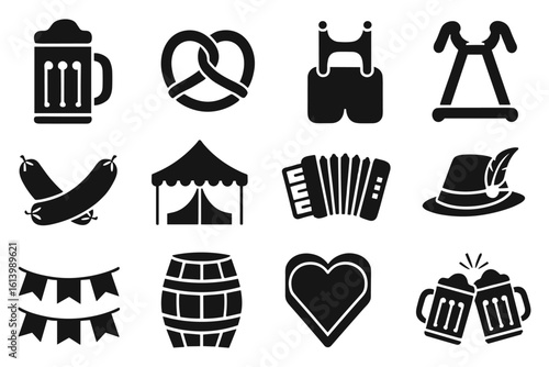 Silhouette Oktoberfest icons beer, lederhosen, pretzel, sausages, tent, accordion vector
