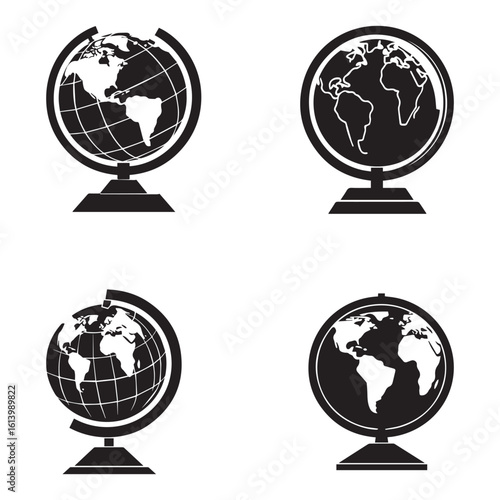 Four black and white globe illustrations on stands with different continental views
