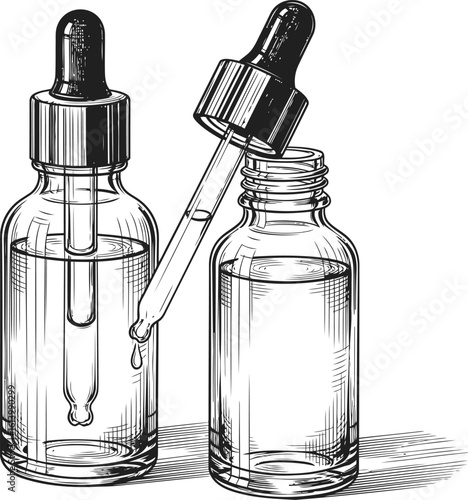 Dropper Bottles Vector Illustration, Hand Drawn Glass Vial Sketch Art