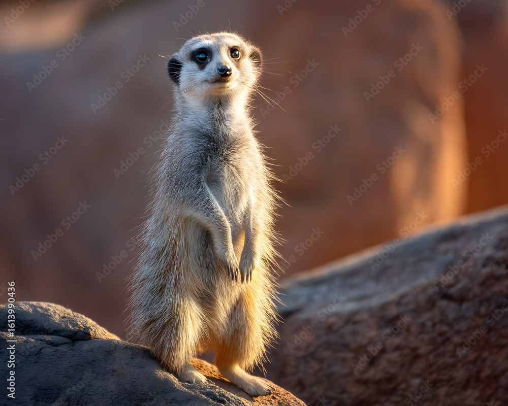 Fototapeta premium Alert Meerkat Standing Upright on Rock in Warm Sunlight