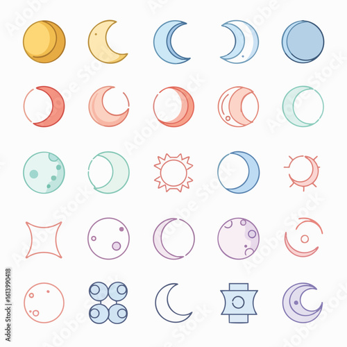 Collection of Celestial Body Icons and Phases.