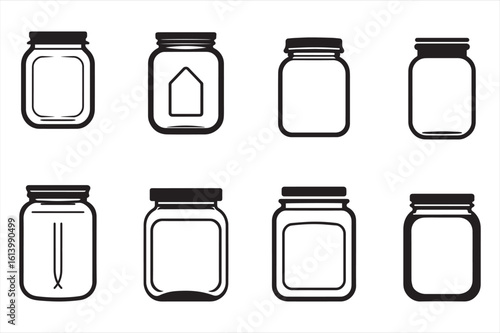 Collection of various mason jars illustration with black outline on white background