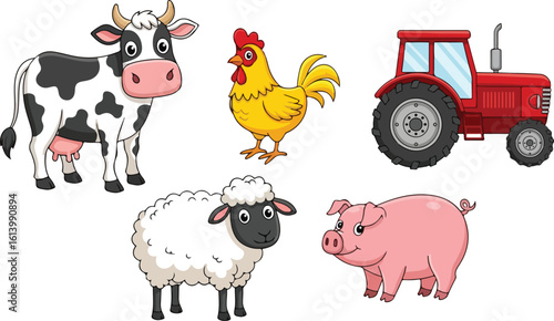 Farm animals and red tractor isolated on transparent background
