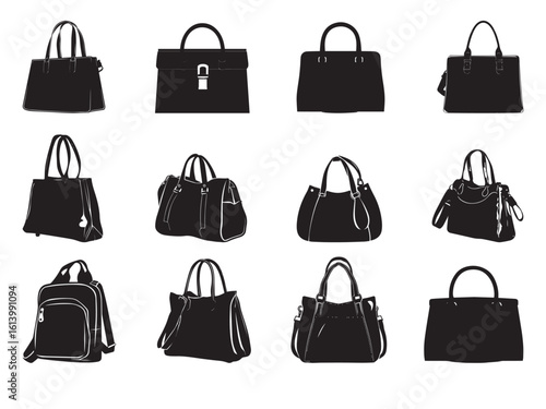 Silhouette Collection Diverse Handbags, Totes, and Backpacks in a Black and White