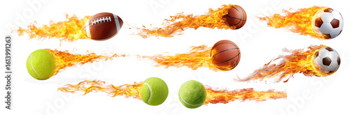 Set of flaming sports balls including football, basketball, tennis ball and soccer ball on transparent background for action and energy themes