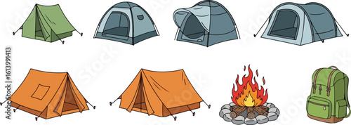 Collection of camping tents backpack and bonfire isolated on transparent background