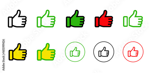 A collection of thumbs-up icons in various colors, symbolizing approval and positivity on a transparent background